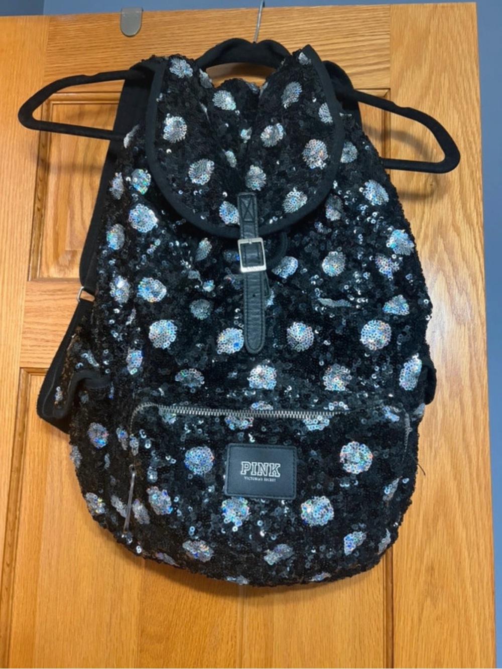 PINK Victoria's Secret Black Sequin Backpack with Iridescent Polka Dots